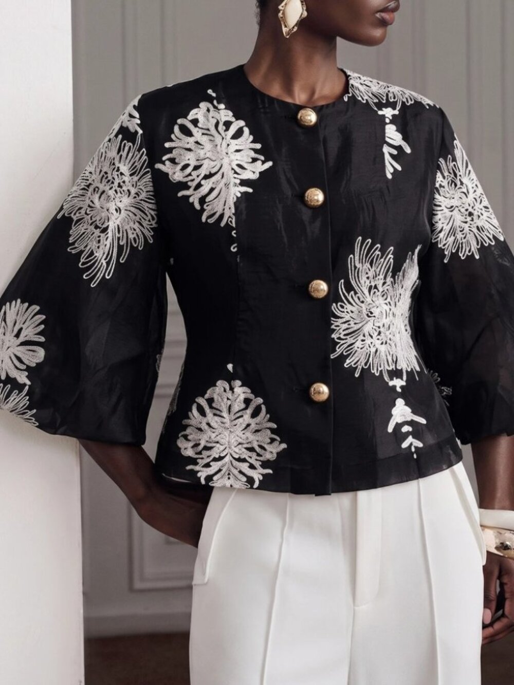 Black Floral Embroidered Jacket with Bell Sleeves & Gold Buttons